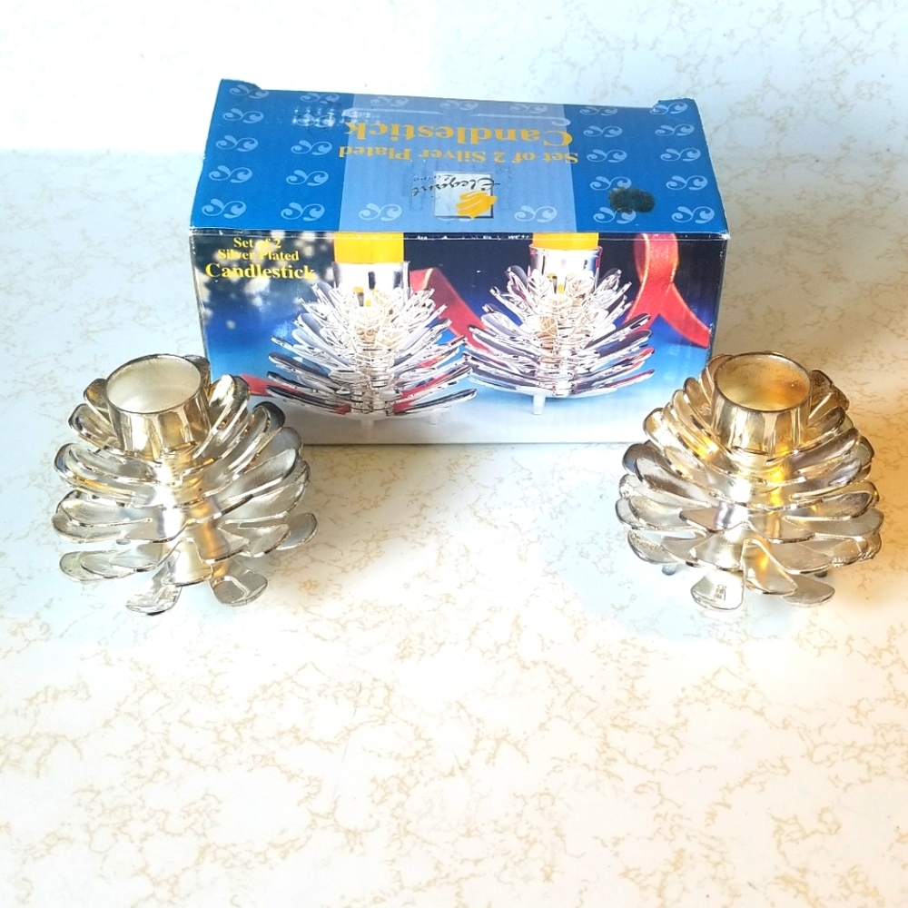 Silver Plated Pinecone Candlestick Holders